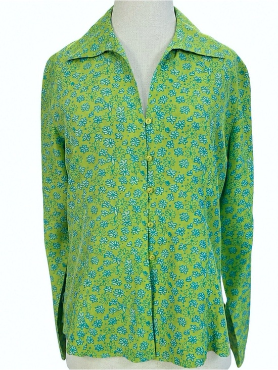 Provence d’amour Tops - Provence d’amour 100% Silk Y2K Floral Blouse Lime Green Blue Daisy Print Medium